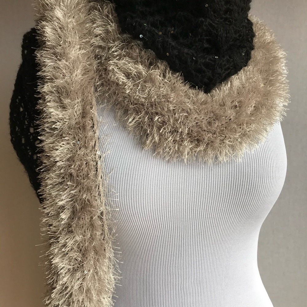 New Hand Knitted Shawl with Fur trim and sequins. Long scarf, Wrap.Gift for Her - Picture 12 of 16